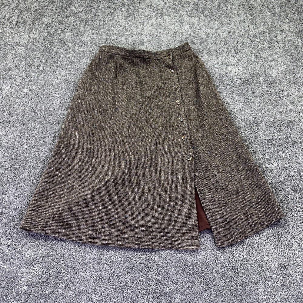 Vtg Orvis Skirt Womens 16P Brown Tweed Wool A-Line Midi Button Front Lined